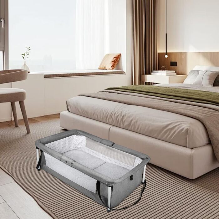Дитяче ліжечко Homewell Baby Travel Cot, складне дитяче ліжечко з матрацом, портативний намет-ліжечко, оснащений москітною сіткою та іграшками, 90 x 50 см (у зібраному вигляді) / 45 x 50 см (складене) (сірий)