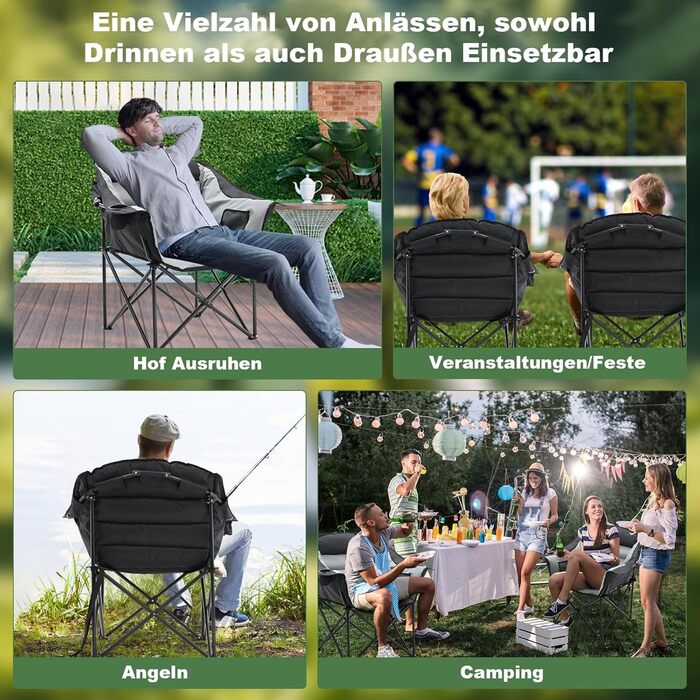 Складане кемпінгове крісло вантажопідйомність 200 кг з подушкою сидіння 6 см - Велике складне рибальське крісло для кемпінгу, саду та фестивалів - Міцне кемпінгове крісло з боковими кишенями та сумкою для перенесення Чорнесіре стандартне кемпінгове крісло