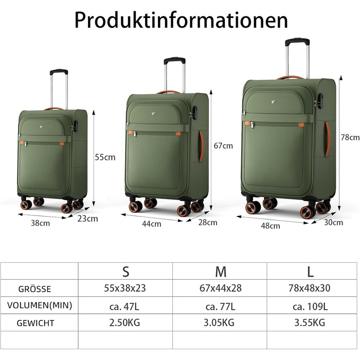Середня валіза з м&39якими стінками 66x44x28 см - Тканинна валіза на візках - Легка дорожня валіза з 4 колесами та кодовим замком, ручна поклажа, 77 літрів, зелена