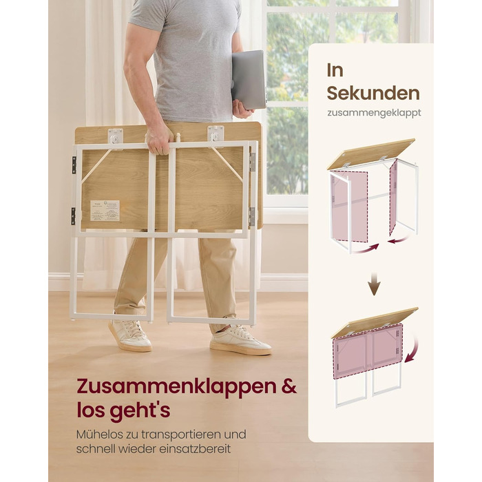 Складаний стіл, Невеликий складаний стіл, Комп&39ютерний стіл, Цільна стільниця, Закруглені кути, Стіл для домашнього офісу, Спальня, 80 x 40 см, Натуральний дуб LWD151YD01 80 x 40 см Натуральний дуб