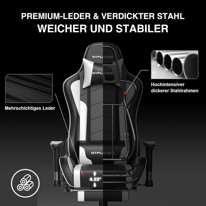 Ігрове крісло GTPLAYER з підставкою для ніг, Bluetooth-колонка, ергономічне офісне крісло, комп&39ютерне крісло, стільце для столу, крісло для ПК з регульованою спинкою, вантажопідйомність 150 кг, білий колір