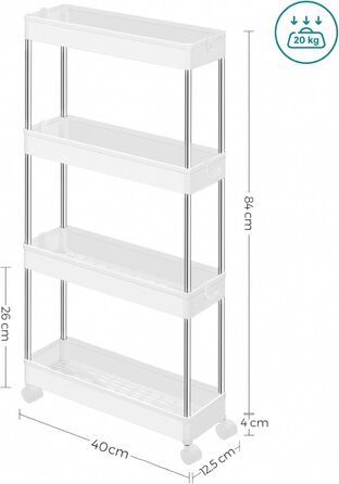 Візок, кухонний візок з 4 рівнями, кухонна полиця, полиця в нішу, з 6 гачками, поворотні колеса на 360, замикається, сталева рама,