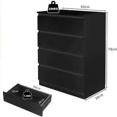 Комод LEADZM, комод для спальні з 4 місткими шухлядами, вітальня, спальня, коридор, шафа, сервант, 60 x 38 x 78 см, чорний 38Г x 60Ш x 78В см (4 шухляди) чорний без ручки