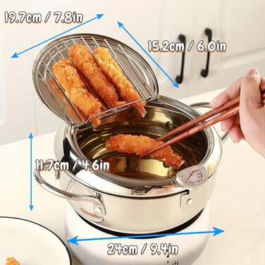 Горщик для смаження в японському стилі, маленька фритюрниця з термометром і кришкою, каструля з нержавіючої сталі, сумісна з індукційною плитою (великий розмір 24 см)