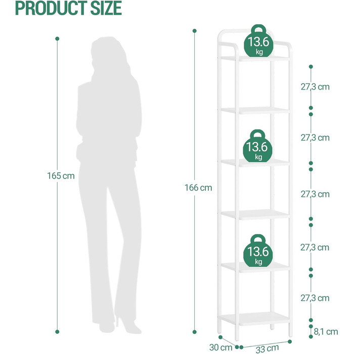 Полиця Hzuaneri, книжкова шафа, стояча полиця, вузька полиця з 6 полицями, вузька офісна полиця, кутова полиця для офісу, вітальні, спальні, кухні, 30 x 33 x 166 см, білий BC24613W 30 x 33 x 166 см білий