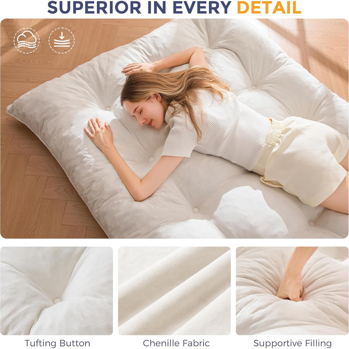 Матрац MAXYOYO футон, тканина шенил, товщина 15 см, може використовуватися як диван-ліжко, виготовлений на ґудзиках, складний гостьовий матрац для вітальні/спальні, кремовий, 135 x 200 см