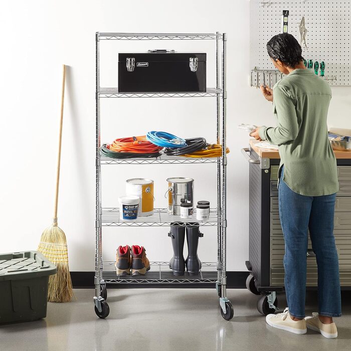 Стелаж Storeo Basics на 5 полиць, середній, на колесах (10,2 см) з регульованими по висоті полицями та ніжками, макс. навантаження 680 кг, хром, 35.6 x 76.2 x 164.5 см