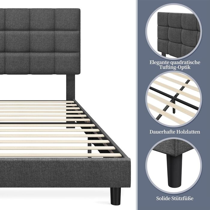 М&39яке ліжко Yaheetech 140 x 200 см Двоспальне ліжко з регульованим узголів&39ям по висоті, міцний каркас ліжка Тканинне ліжко з рейковою основою, м&39який каркас ліжка Дитяче ліжко, темно-сірий колір Темно-сірий 140 x 200 см