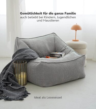 Крісло-мішок з вельвету mokebo The Loafer, XXL, крісло-мішок, вельветове крісло або крісло для відпочинку для вітальні та зимового саду, також як гігантське крісло-мішок розміром 83x73x60 (ШxВxГ у см) сірого кольору, тканина для крісла-мішка з вельвету сі