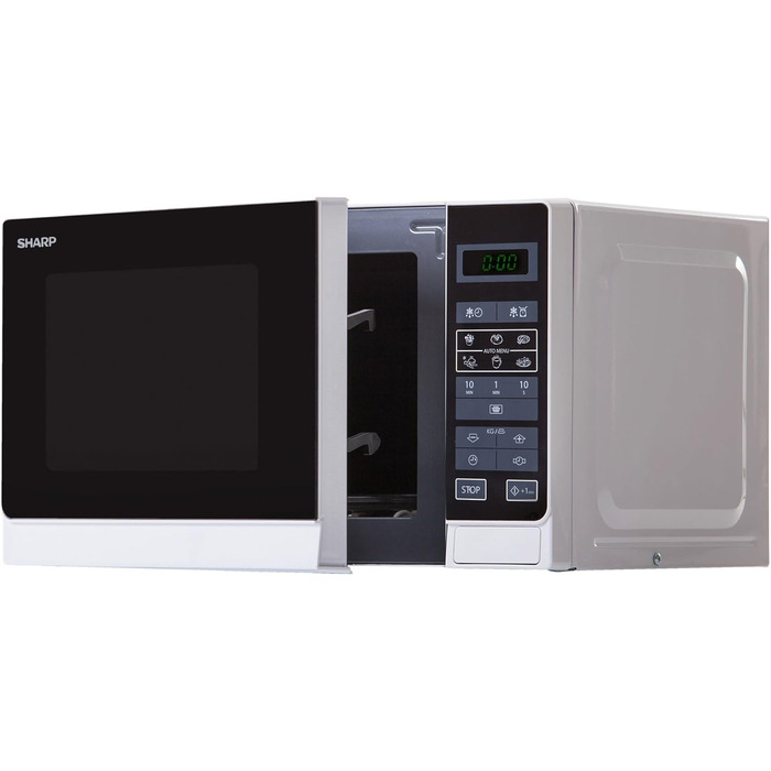 Мікрохвильова піч Sharp R242INW Solo / 20 л / 800 Вт / 5 рівнів потужності / 8 автоматичних програм / Розморожування з регулюванням ваги та часу / Блокування від дітей / Режим енергозбереження / Скляне поворотне блюдо (25,5 см) / Срібло