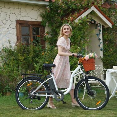 Електричний велосипед DYU e-bike, 26-дюймовий електричний велосипед з 6-швидкісним перемикачем Shimano, знімний акумулятор 12,5 Ач 36 В, регульована висота сидіння, міський велосипед з кошиком для дорослих міський приміський білий