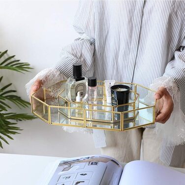 Скляний піднос Hggzeg золотистого кольору, багатокутний металевий, декоративний піднос, піднос для ювелірних виробів, парфумів, органайзер, піднос для макіяжу для туалетного столика, комода, ванної кімнати, спальні (маленький)