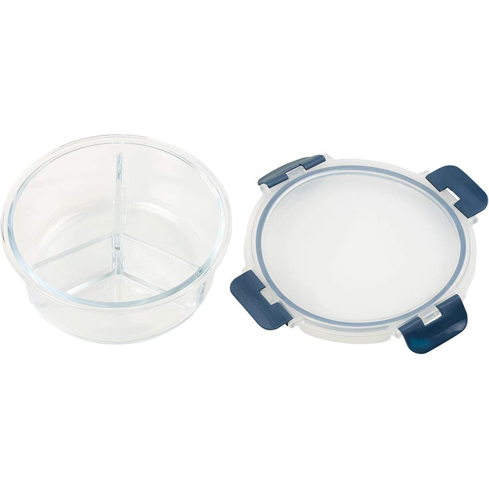 Скляний контейнер для мікрохвильової печі з 3 відділеннями, кришка на защіпках, -20 до 520 C, круглий (Скляний посуд для мікрохвильовки з кришкою, для сніданків/мюслі)