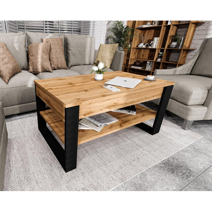 Журнальний столик з підйомною стільницею Стіл для вітальні з регульованою висотою та місцем для зберігання Сучасний чорний дубовий диванний столик Wotan з полицею та прихованим відділенням Журнальний столик для вітальні та офісу, чорний