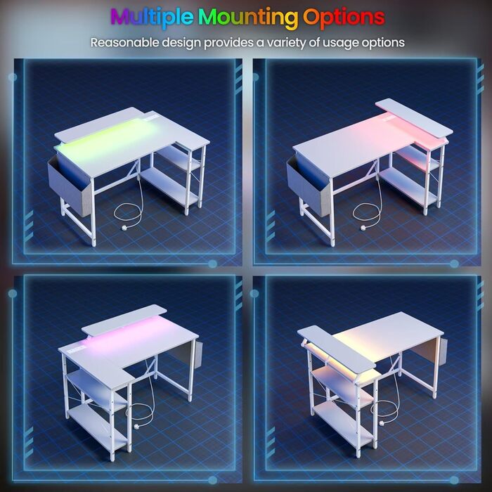 Г-подібний ігровий стіл зі світлодіодним підсвічуванням та розетками, 140 x 80 см, кутовий комп&39ютерний стіл з сумкою для зберігання, регульованими полицями та великою підставкою для монітора, для домашнього офісу, білий колір 140 x 80 см