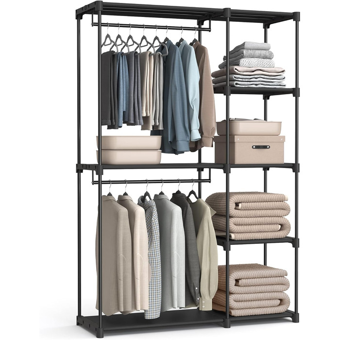 Відкрита шафа, вішалка для одягу, штанга для одягу, шафа, 2 підвісні полиці, багато місця, для спальні, вітальні, 124 x 43 x 182 см, чорний RYG026B02 Чорний 124Д x 182В см