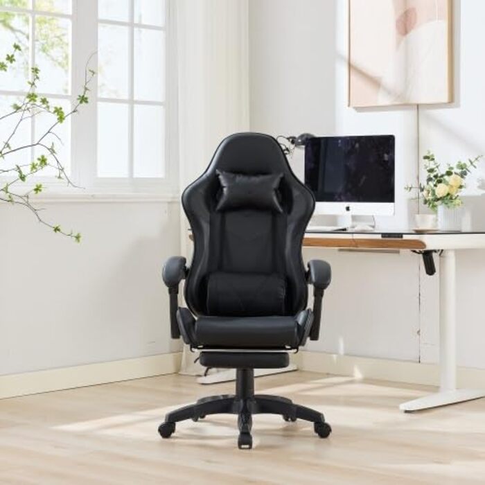 Професійне ігрове крісло ергономічне офісне крісло з регульованою опорою для голови та попереку підставкою для ніг, регулюванням висоти та поворотом на 360, вантажопідйомністю до 150 кг, чорного кольору