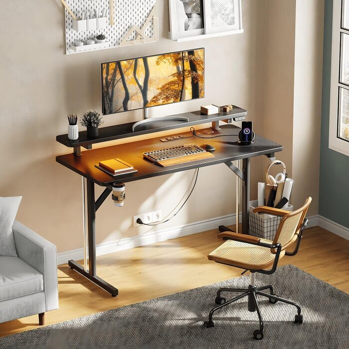 Ігровий стіл Five Stars - Комп&39ютерний стіл - 100x50x75 см - Ігровий стіл зі світлодіодним підсвічуванням - Чорний карбон