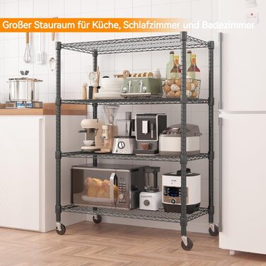 Рівнева дротяна полиця Himimi з колесами та ніжками, регульована по висоті, металева полиця для зберігання для кухні, ванної кімнати, спальні, вітальні, вантажопідйомність 500 кг, 90 * 45 * 183 см, чорна, 4-