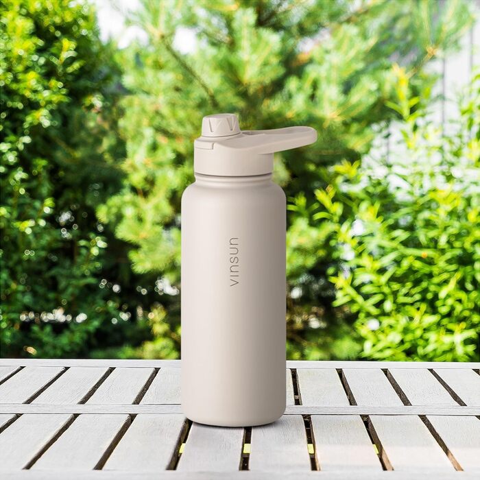 Пляшка для води Vinsun з нержавіючої сталі, бежева, 1 л - герметична, підходить для газованих напоїв, без BPA - трубочка, носик для пиття, термопляшка для спорту, активного відпочинку та школи, 1000 мл, бежевий