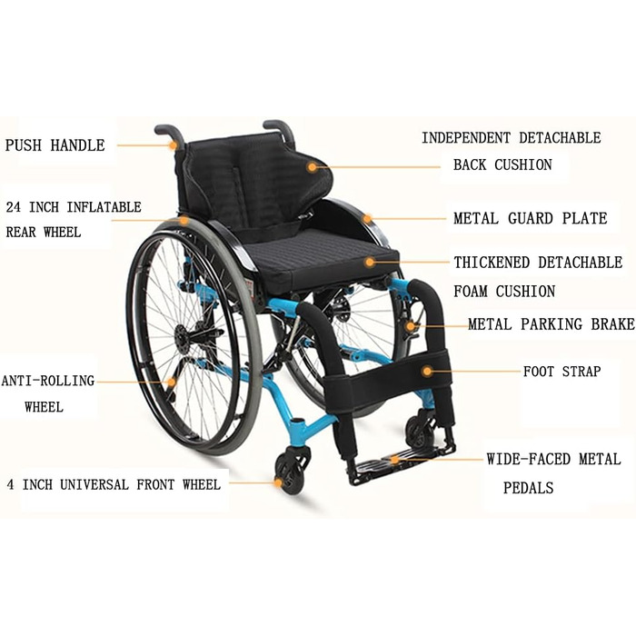 Легка складна спортивна інвалідна коляска - самохідний багатофункціональний транспорт для дорослих, людей похилого віку, інвалідів - алюміній, швидкі спортивні ролики, ручна ширина сидіння 40 см, синій