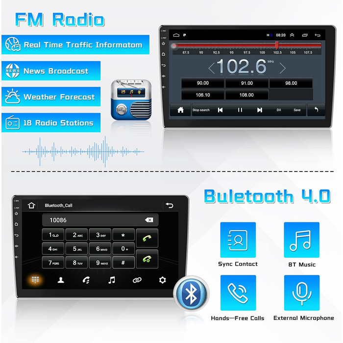 Автомобільна стереосистема 1 Din Double Din з екраном Bluetooth, 10,1-дюймовий сенсорний екран 1080P Navi Камера заднього виду без допомоги рук Автомагнітола GPS/FM/RDS/USB/WiFi 1G16G GPS, 10.0