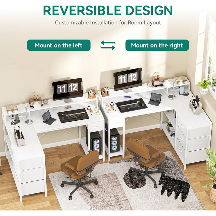 Подібний письмовий стіл із USB-портом для зарядки та розеткою, двосторонній кутовий стіл із 4 шухлядами та полицею, ігровий стіл із підставкою для монітора, 140x100 см, комп&39ютерний стіл для офісу, білий