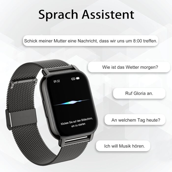 Розумний годинник Popglory для чоловіків та жінок, фітнес-годинник 1,85 дюйма з вимірюванням артеріального тиску, функцією телефону, голосовим керуванням, пульсометром, понад 100 спортивними режимами, фітнес-трекером, крокоміром, сном, SpO2, для Android т