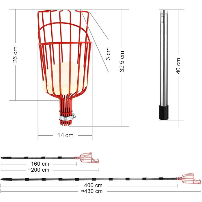 Збирач яблук з телескопічною ручкою з нержавіючої сталі 2.0M, збирач фруктів з телескопічною ручкою металевий, збирач вишні на відкритому повітрі, збирач фруктів з телескопічною жердиною, помічник комбайна для збору врожаю груш ягід Ø 145мм