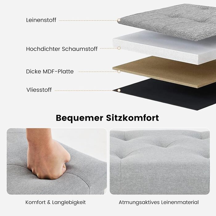 Пуф для зберігання Sweetcrispy, невелика складна лавка, 38 x 38 x 38 см, коробка для зберігання з кришкою як табурет та пуф для ніг, вантажопідйомність до 300 кг, для вітальні, спальні, коридору, світло-сірий