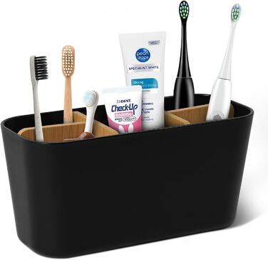 Тримач для зубних щіток Votoko, Пластиковий тримач для зубних щіток з бамбуковими перегородками, Підставка для зубних щіток з 4 ві