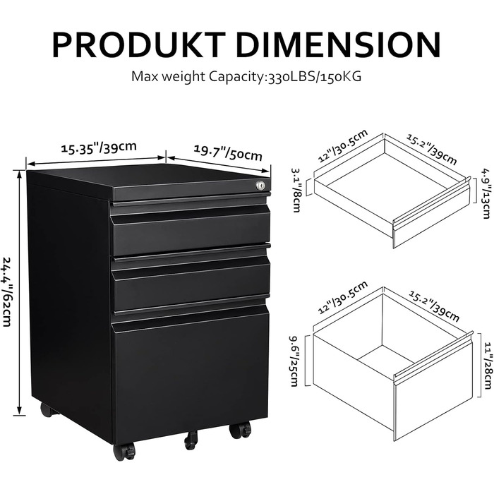 Мобільна шафа для документів, що замикається, офісна шафа, металева шафа, картотечна шафа, шафа для зберігання речей, бічна шафа, шафа з шухлядами, офісний комод для документів, 39 x 50 x 62 см, чорний, 3 шухляди
