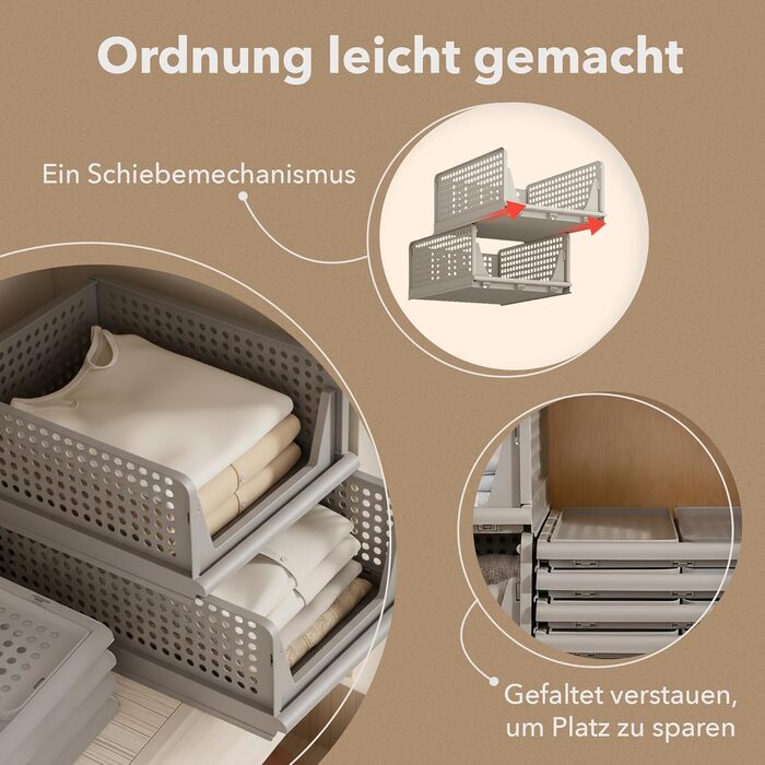 Набір органайзерів для гардеробу, 3 шт. (складані та штабелюються) коробки-органайзери для гардеробу, компактні пластикові коробки для зберігання підходять для гардеробних, ванних кімнат, кухонь та офісів бежевий