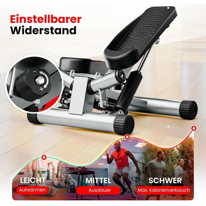 Степер Ultrasport Swing для домашнього використання, міні-степер 2-в-1 з підйомом/внизом, силовими тросами та РК-дисплеєм, тихий, нековзний, регульований рівень, фітнес-степер з тренувальним комп&39ютером еспандер