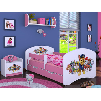 Дитяче ліжко BDW Super Dogs - Дитяче ліжко з матрацом та шухлядою - Зручне та міцне ліжко із захистом від падіння - Дитяча кімната - Рожевий (Дизайн 3) - 160x80 см