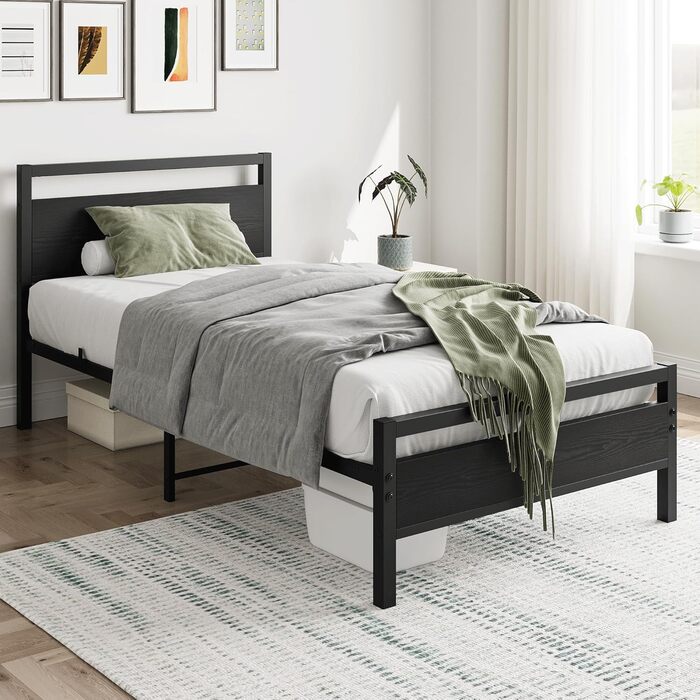 Каркас ліжка HOJINLINERO 90 x 200 см, Каркас ліжка з металу та дерева, Односпальне ліжко, Металевий каркас ліжка 90x200 см з рейковою основою, Гостьове ліжко, Дитяче ліжко 90x200 см з місцем для зберігання, Ліжко з місцем для зберігання, Каркас ліжка, Чор