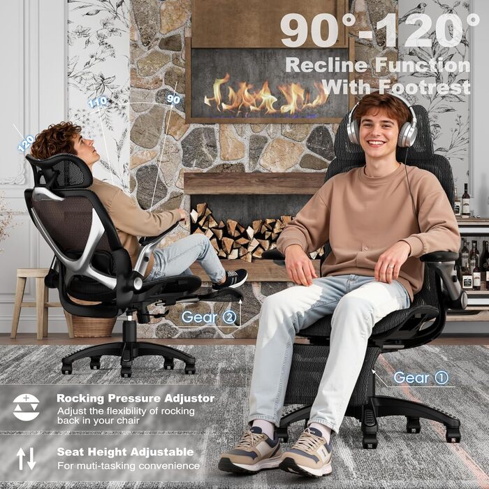 Ергономічне офісне крісло ELABEST X100 з підставкою для ніг, регульованою 3D-підтримкою попереку та вигинною спинкою