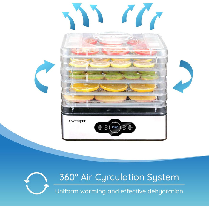 Дегідратор з нержавіючої сталі Wessper цифровий з таймером до 99 годин і регулятором температури від 35-70 за Цельсієм, 5 поверхів, без бісфенолу А, дегідратор дегідратор Дегідратор кутова сушарка для фруктів дегідратор з таймером
