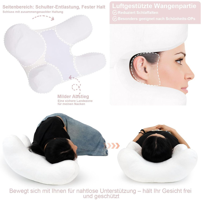 Подушка проти зморшок, косметична подушка для сну на боці, пухова подушка для сну, подушка проти зморшок для старіння, для хірургії очей, для зморшок на обличчі, для підтримки шиї (біла)