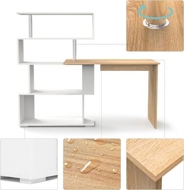 Комп'ютерний стіл Meerveil L-подібної форми, кутовий, з книжковою полицею, що обертається на 360 градусів, для кабінету, вітальні,