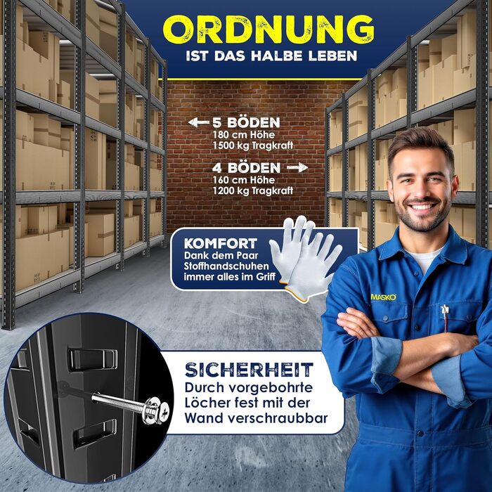 Міцний стелаж MASKO, стелаж для зберігання, підвальний стелаж, 160x160x60 см, вантажопідйомність 1200 кг, 4 регульовані полиці, панелі МДФ, металевий стелаж, стелаж без болтів, стелаж для майстерні, сталевий каркас, гаражний верстак, чорний, 4 полиці
