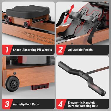 Домашній гребний тренажер JOROTO Oak, складний водний гребний тренажер з Bluetooth-дисплеєм та 30-денним безкоштовним членством у Kinomap, гребний тренажер з регульованим тримачем для планшета, вантажопідйомність 150 кг MR280PRO-OAK