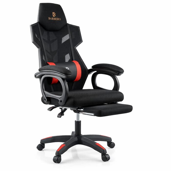 Ергономічне ігрове крісло BARBERIO, офісне крісло, вантажопідйомність 150 кг, повітропроникна сітка, з підставкою для ніг, регульовані підлокітники, сидіння 54 см, поворот на 360, подушка для поперекової підтримки, регульована висота (чорно-червоне)