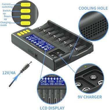 Зарядний пристрій для акумуляторів 18650, LiitoKala LII-S8 8-секційний зарядний пристрій 9V з РК-дисплеєм, зарядний пристрій для Li-Ion LiFePO4 NI-MH NI-Cd AA AAA C 21700 26650 13650 16340 18700 RCR123