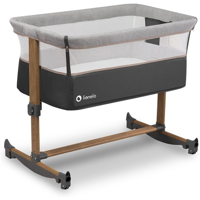 Дитяче ліжечко Lionelo Leonie 3-в-1, функція гойдання, 5-рівневе регулювання висоти, положення нахилу, матрац, знімна бічна панель, колеса, бічна кишеня, легке транспортування, сірий колір