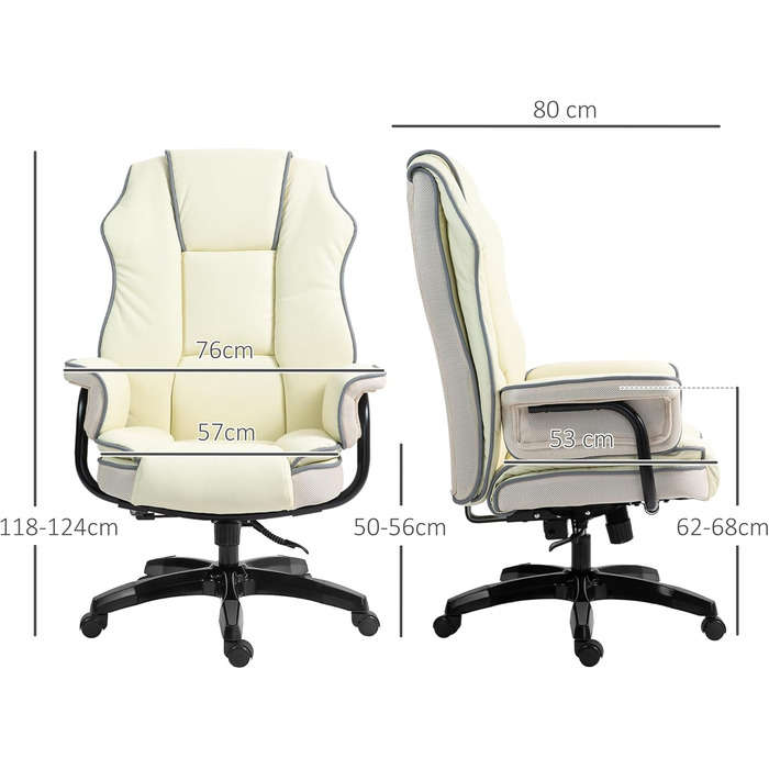 Офісне крісло Vinsetto, ергономічне робоче крісло з функцією відкидання спинки, функція повороту, комп&39ютерне крісло з регулюванням висоти для домашнього офісу, штучна шкіра, кремовий колір, 76 x 80 x 124 см