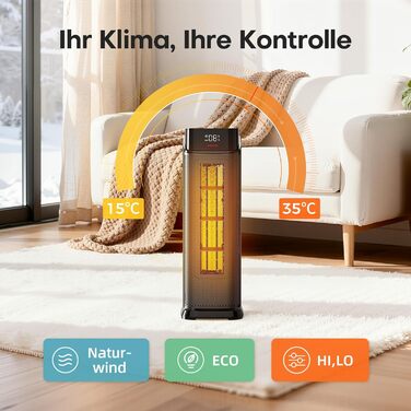 Тепловентиляторний обігрівач PTC потужністю 2000 Вт, енергозберігаючий з 4 режимами, режим енергозбереження ECO, коливання на 90, таймер 24 години, пульт дистанційного керування, тихий та потужний, захист від перегріву та перекидання для домашнього викори