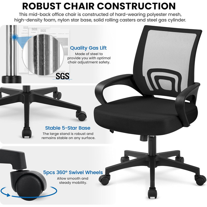 Ергономічне офісне крісло Yaheetech, до 136 кг, сітка, чорний