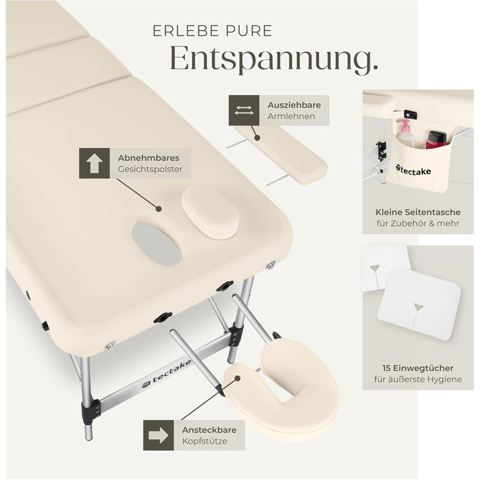 Зонний масажний стіл, складний масажний стіл, регульований по висоті алюмінієвий масажний стіл, портативне масажне ліжко з аксесуарами, підголівник, підлокітник, сумка для перенесення - бежевий. Ширина без підлокітників 78 см. Бежевий., 3-
