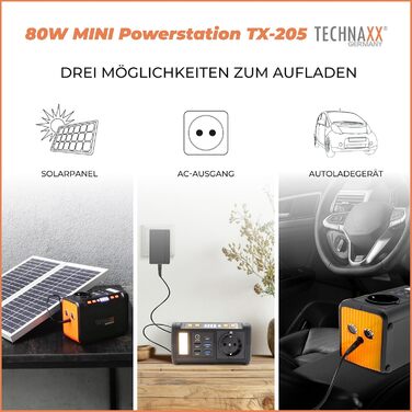 Міні-зарядна станція Technaxx TX-205 зі світлодіодною панеллю, лампою, 5 портами USB - 74 Втгод, портативним зарядним пристроєм 230 В з вбудованим розетком для ноутбука, мобільного телефону, міні-холодильника тощо, сумісна із сонячними зарядними пристроям
